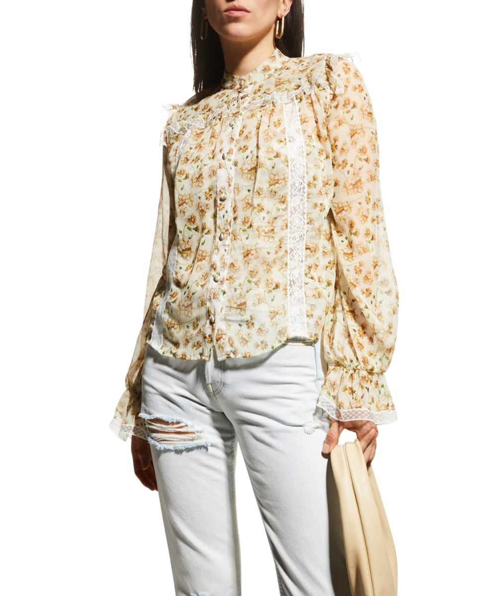 Ortensia Floral Button-Front Top with Lace Ruffle Accents